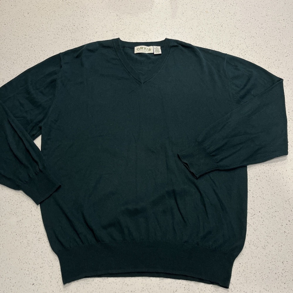 Orvis Sweater Mens XL‎ Green V Neck Cashmere Cotton Blend Long Sleeve Pullover